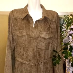 Elsey Faux Suede Olive Long Sleeved  Belted Dress